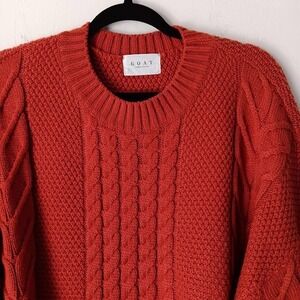 GOAT Cable Knit Sweater Womens Large Orange Chunky‎ Fisherman Crewneck Textured
